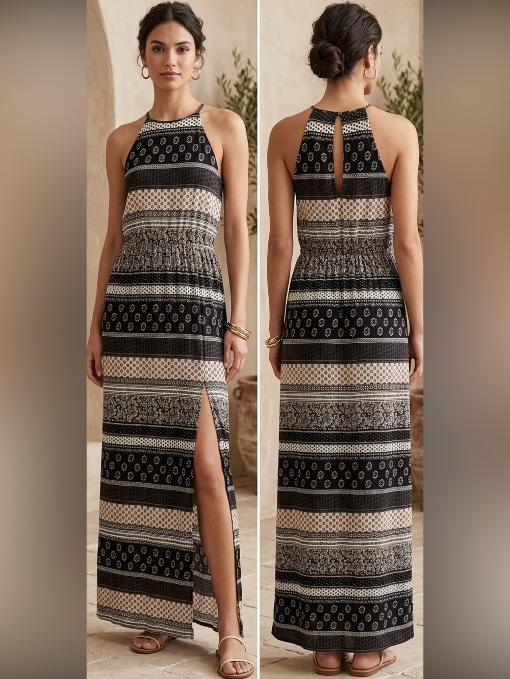American Eagle Outfitters Soft & Sexy Black and Cream Printed Maxi Dress